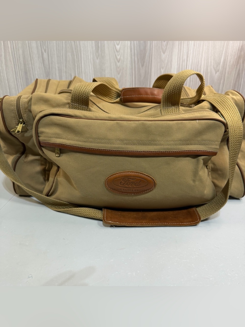 Vintage Ford Edition Eddie Bauer Duffle Bag Canvas Tan Weekender Military